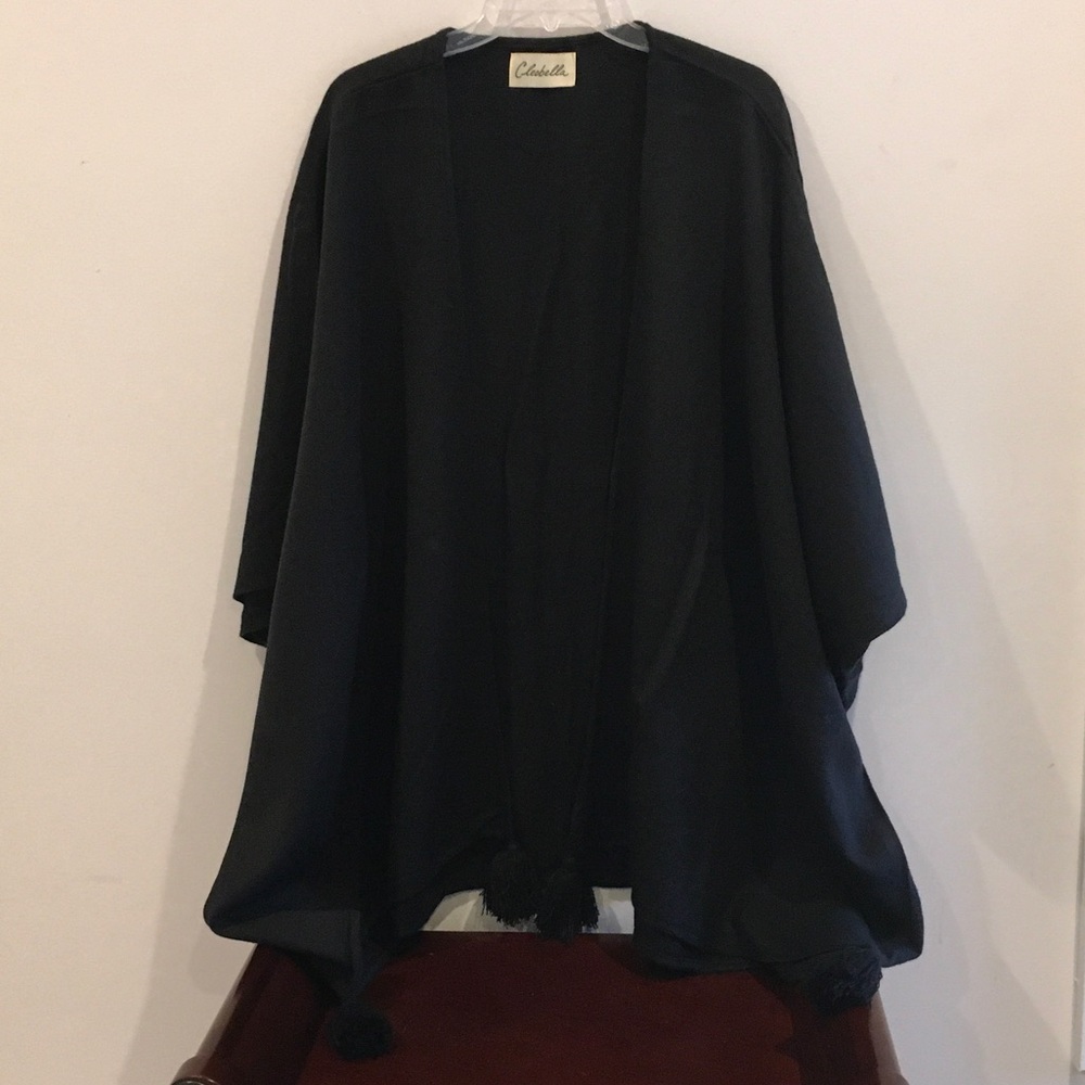 Black Open-Front Knit Sweater Cape With Pompoms